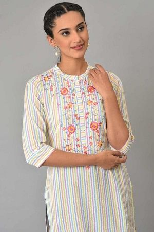 Multi-Coloured Stripe Printed Embroidered Kurta