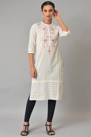 Multi-Coloured Stripe Printed Embroidered Kurta