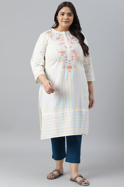 Multi-Coloured Stripe Printed Plus Size Embroidered kurta