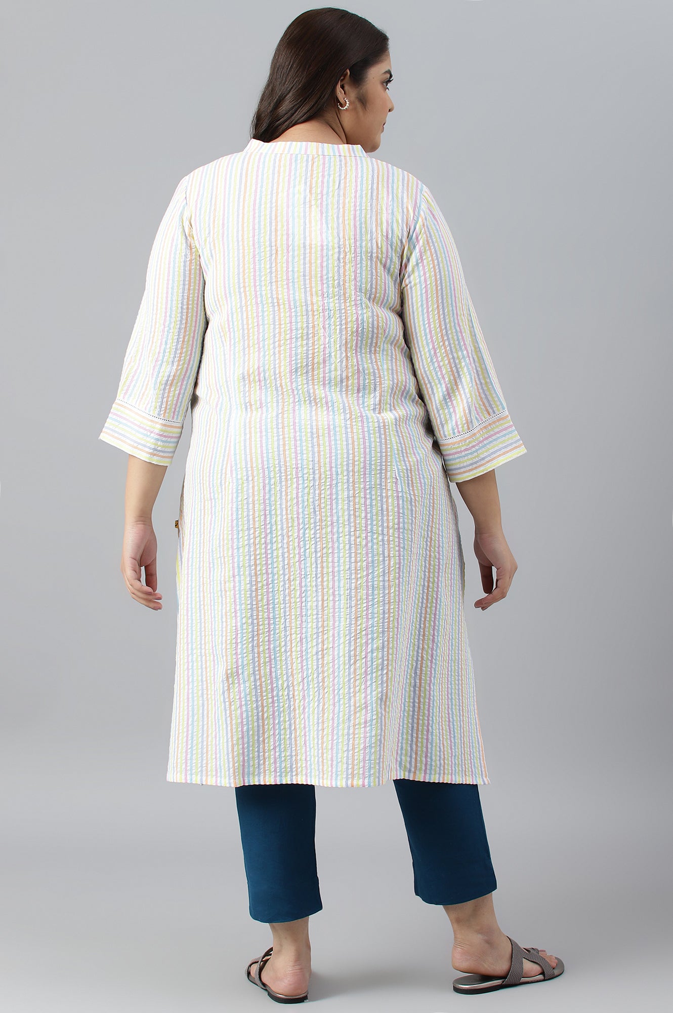 Multi-Coloured Stripe Printed Plus Size Embroidered kurta