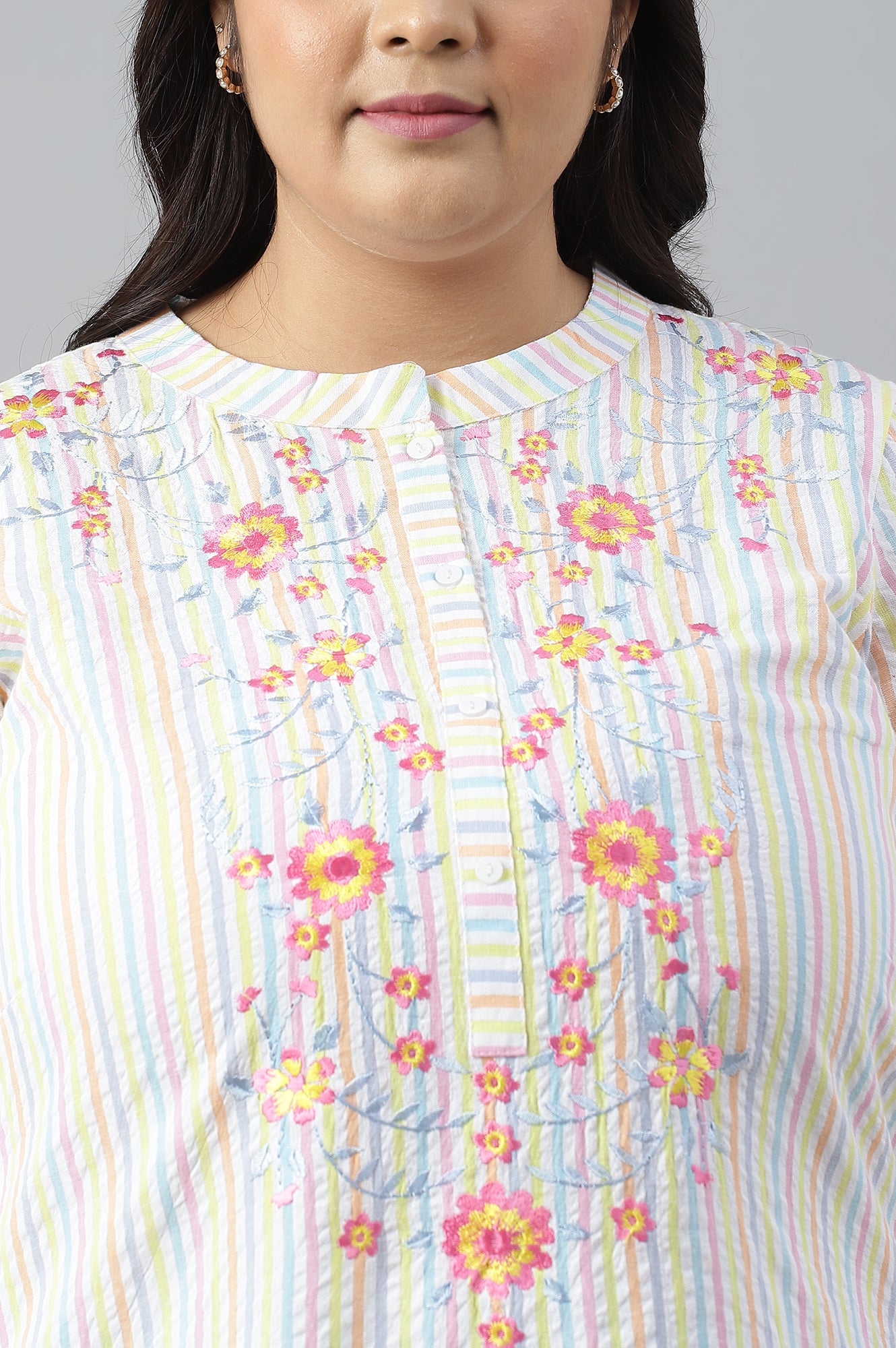 Multi-Coloured Stripe Printed Plus Size Embroidered kurta