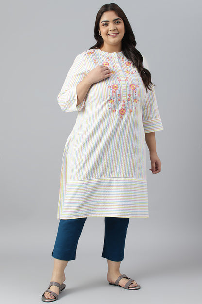 Multi-Coloured Stripe Printed Plus Size Embroidered kurta