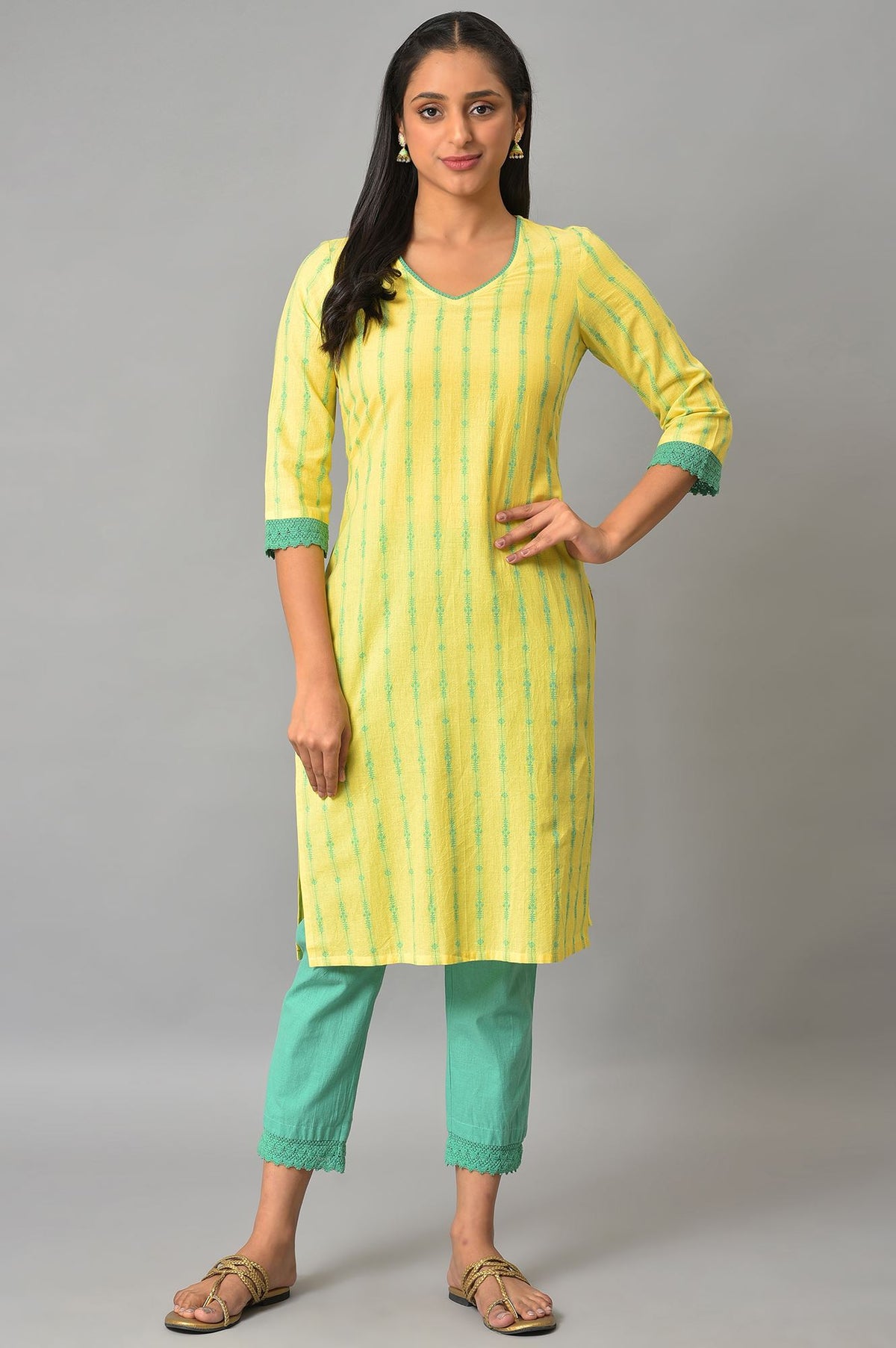 Yellow Cotton Dobby V-Neck kurta - XS