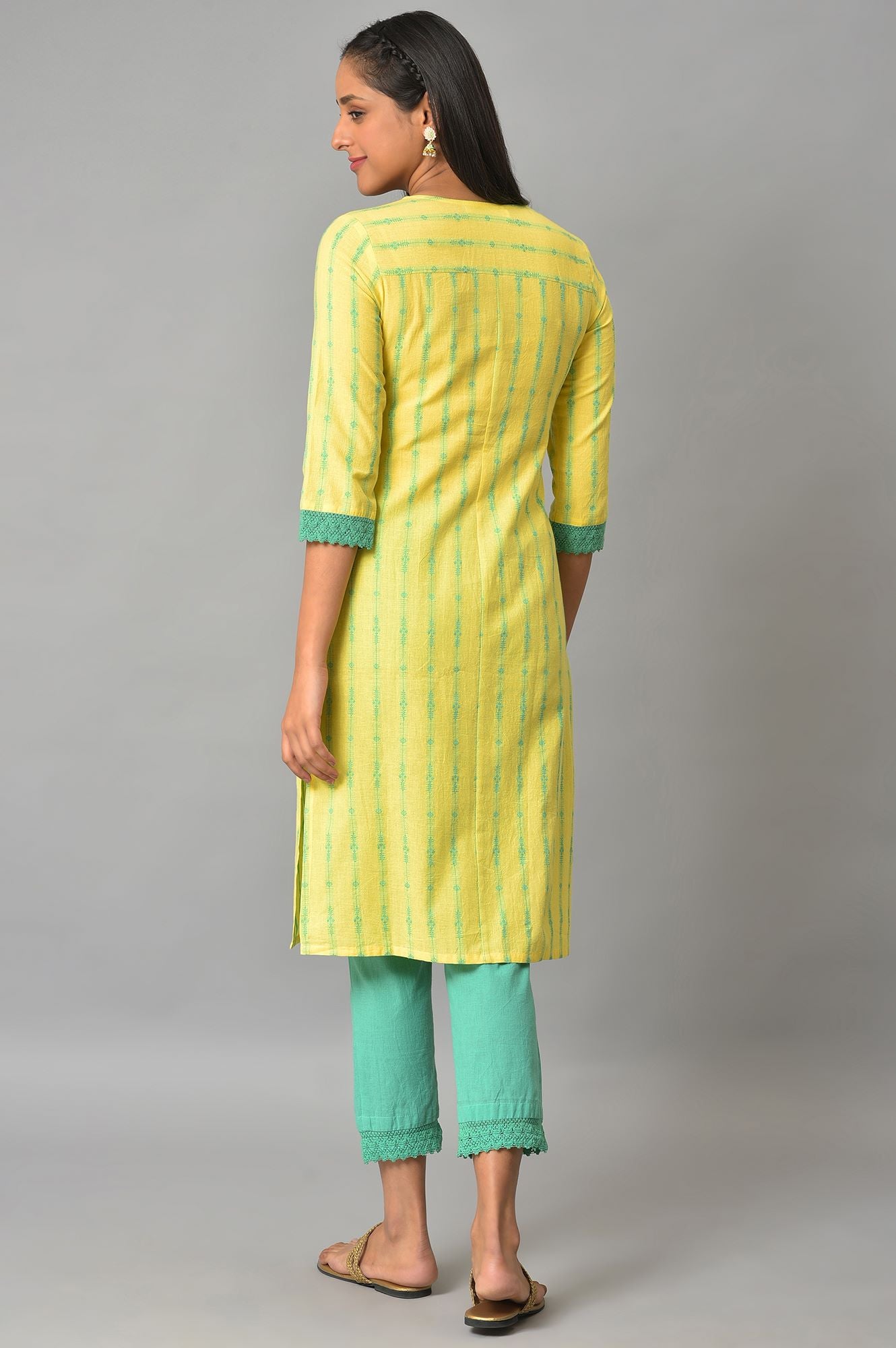 Yellow Cotton Dobby V-Neck kurta