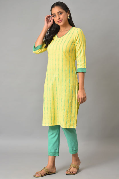 Yellow Cotton Dobby V-Neck kurta