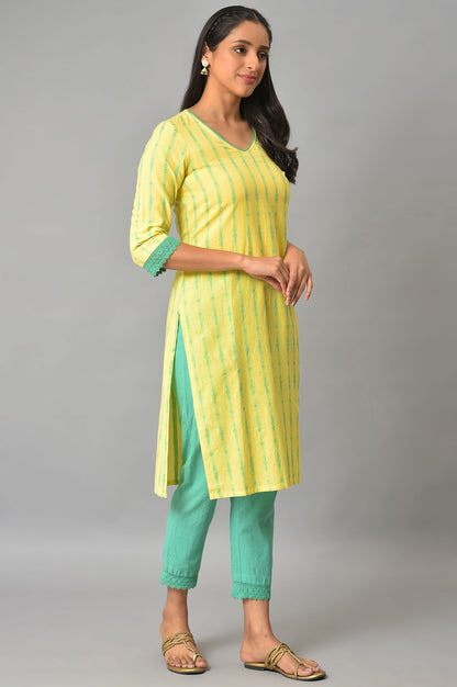 Yellow Cotton Dobby V-Neck kurta