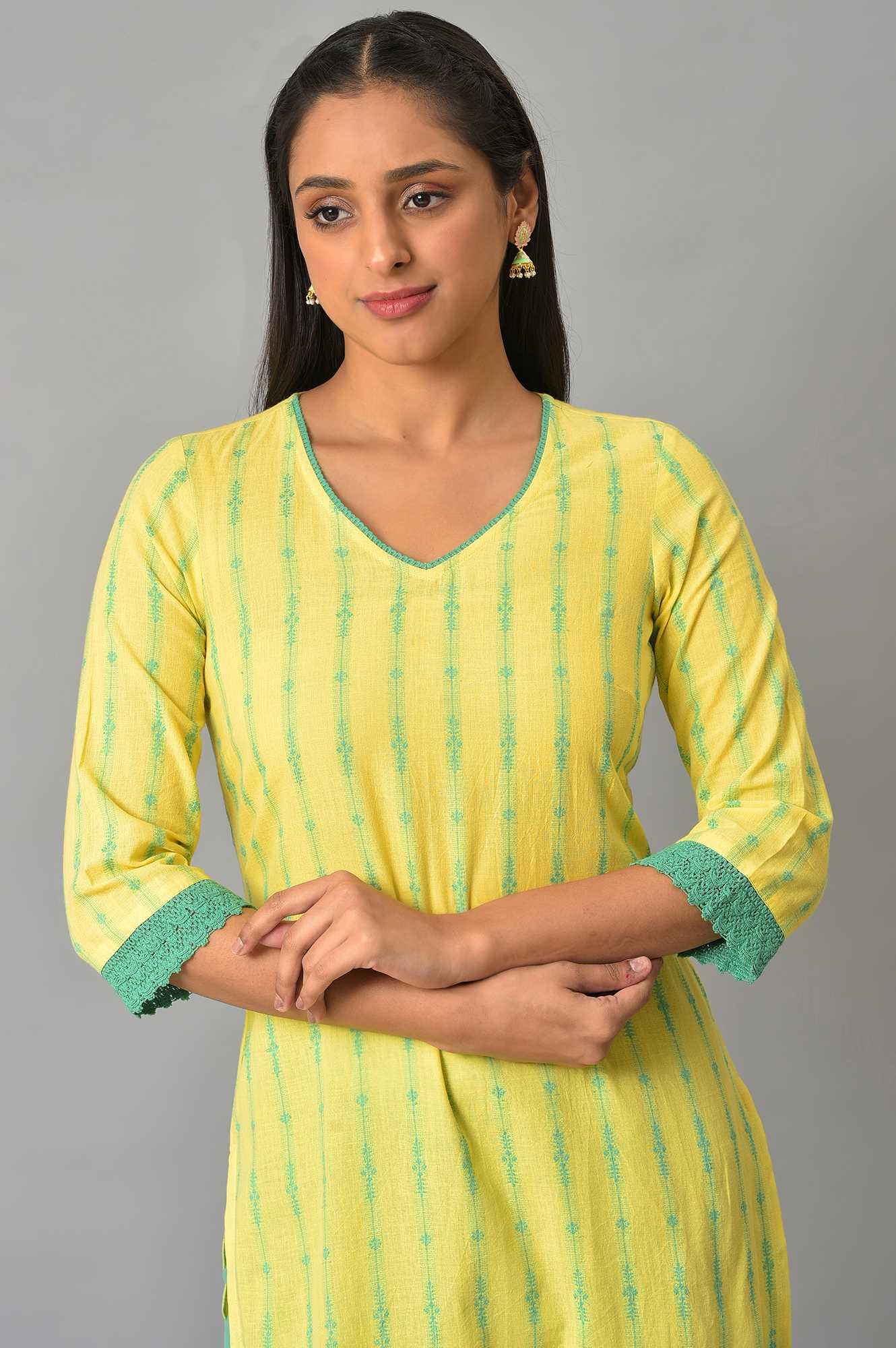 Yellow Cotton Dobby V-Neck kurta