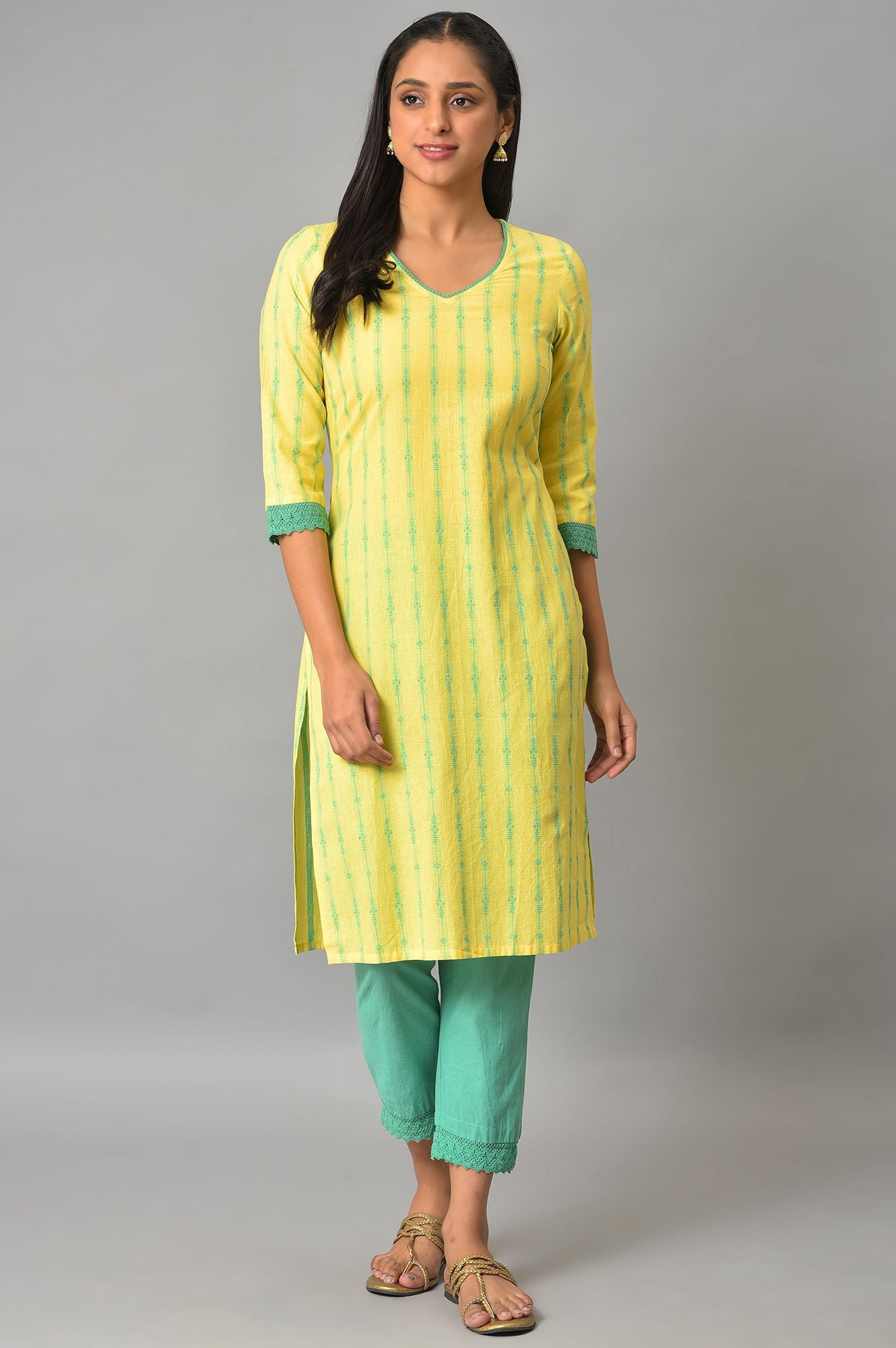 Yellow Cotton Dobby V-Neck kurta