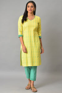 Yellow Cotton Dobby V-Neck kurta
