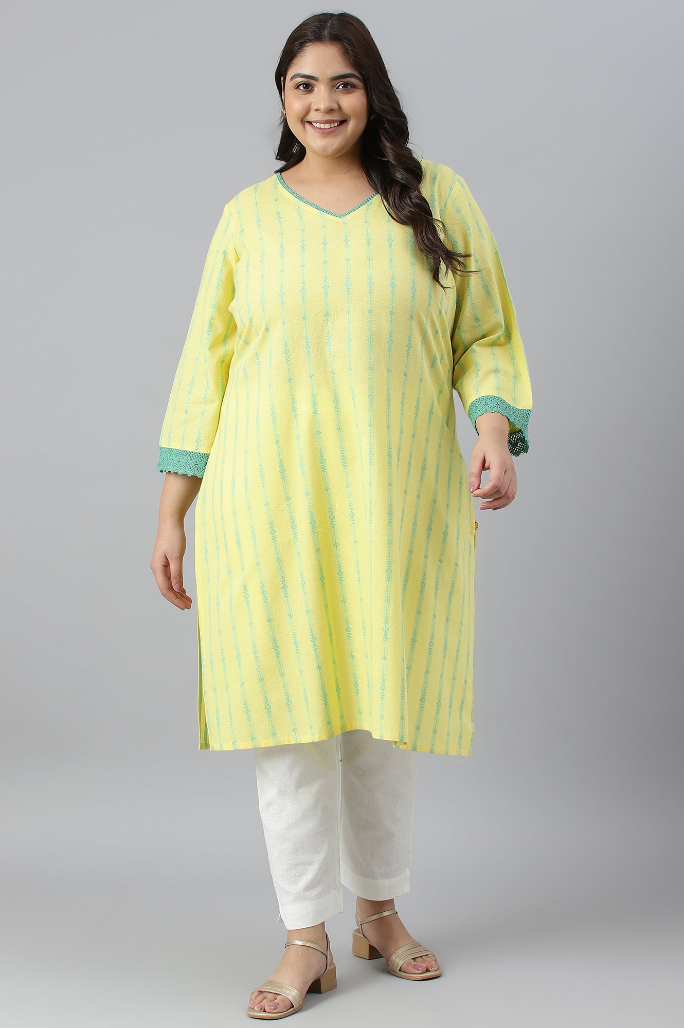 Yellow Cotton Dobby V-Neck Plus Size kurta