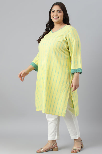 Yellow Cotton Dobby V-Neck Plus Size kurta