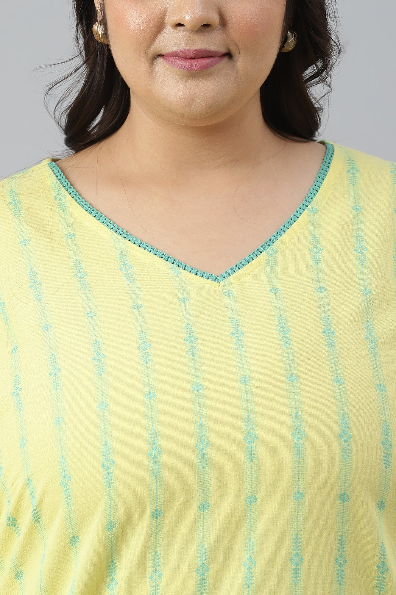 Yellow Cotton Dobby V-Neck Plus Size kurta