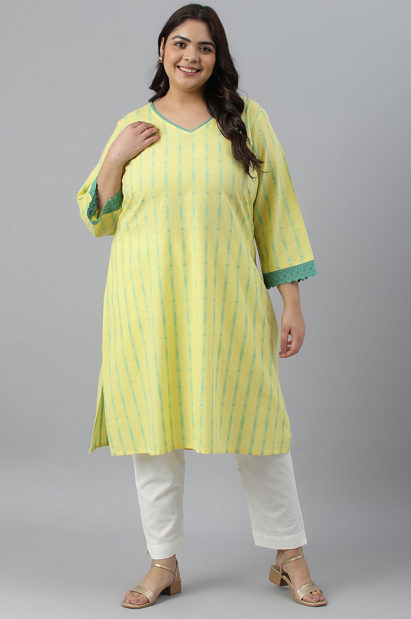 Yellow Cotton Dobby V-Neck Plus Size kurta