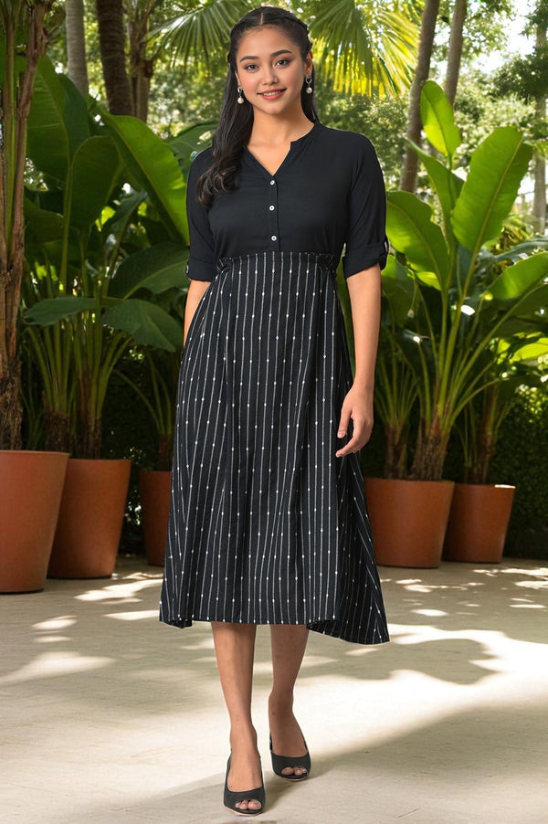 Black Flared Printed Modern Ethnic Dress