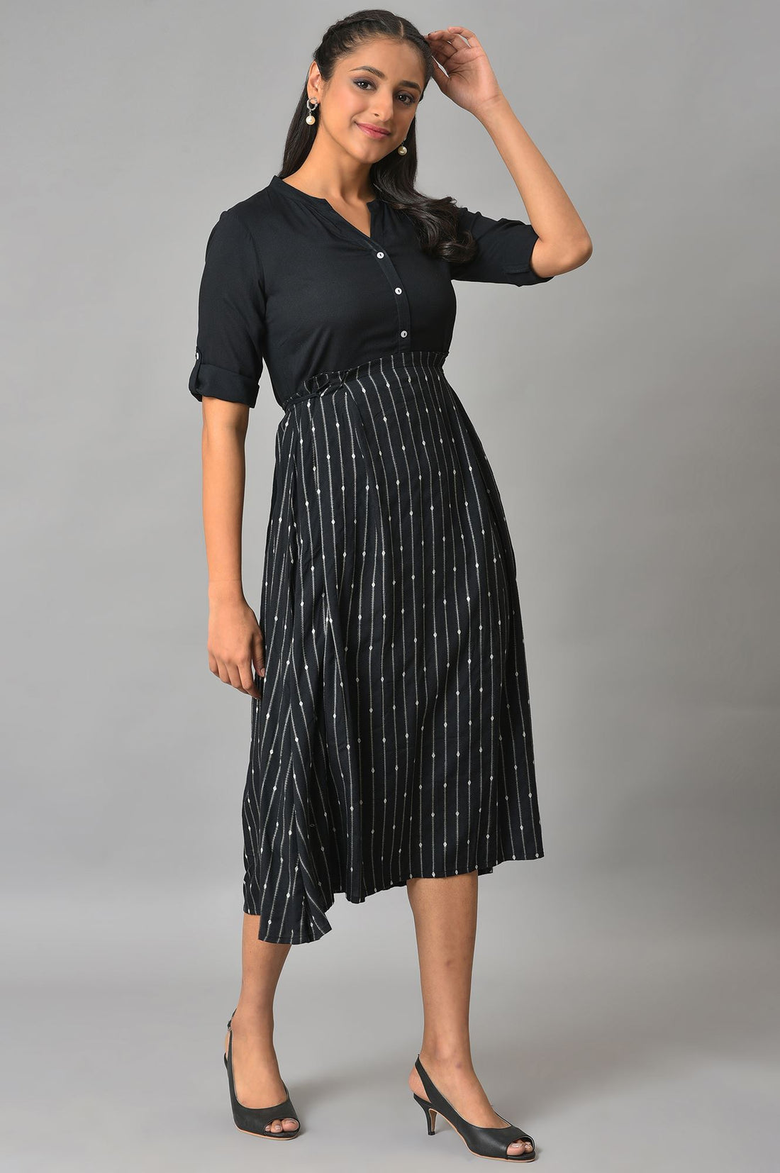 Black Flared Printed Modern Ethnic Dress