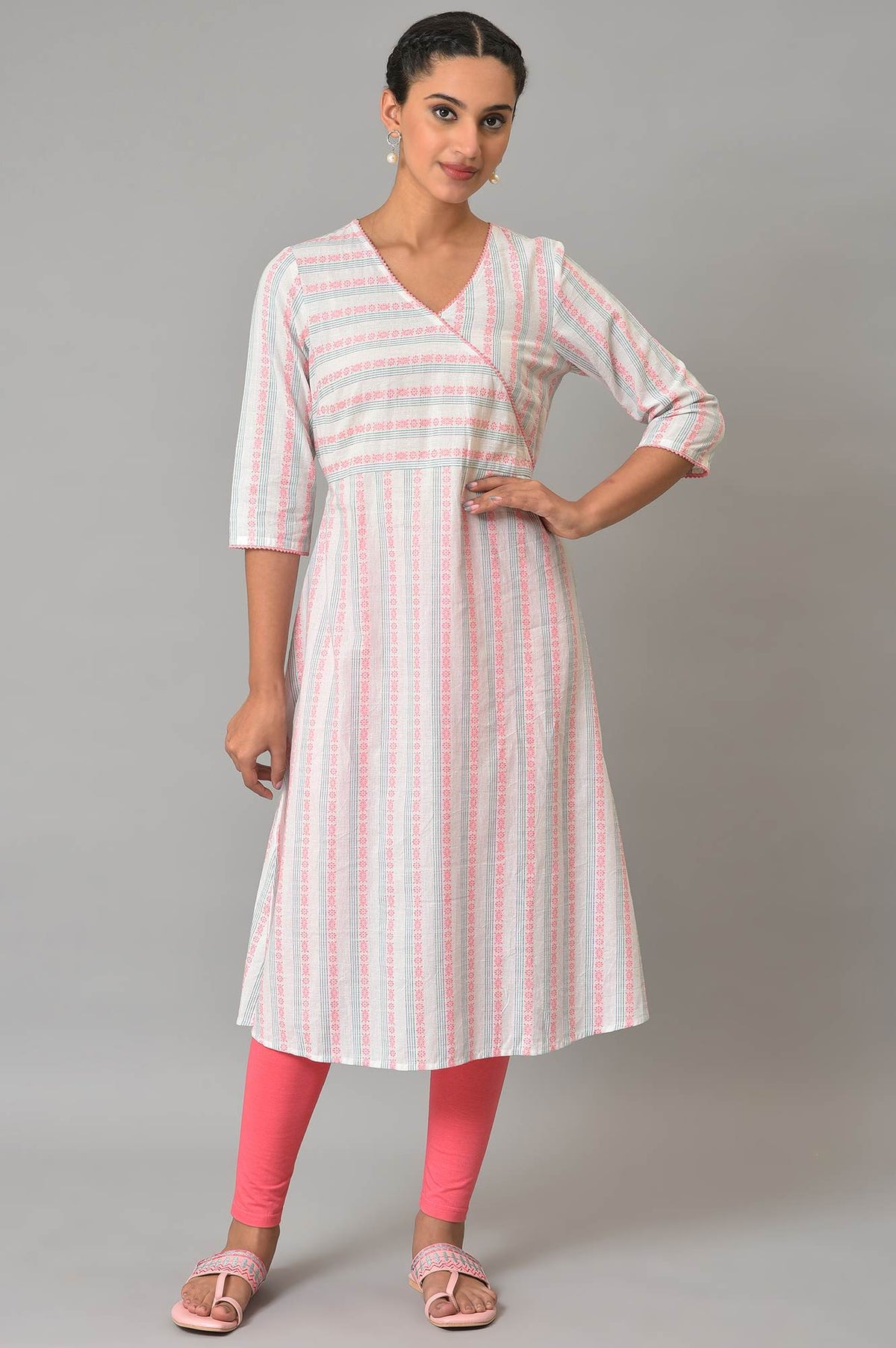 White Striped A Line Cotton Kurta - XS