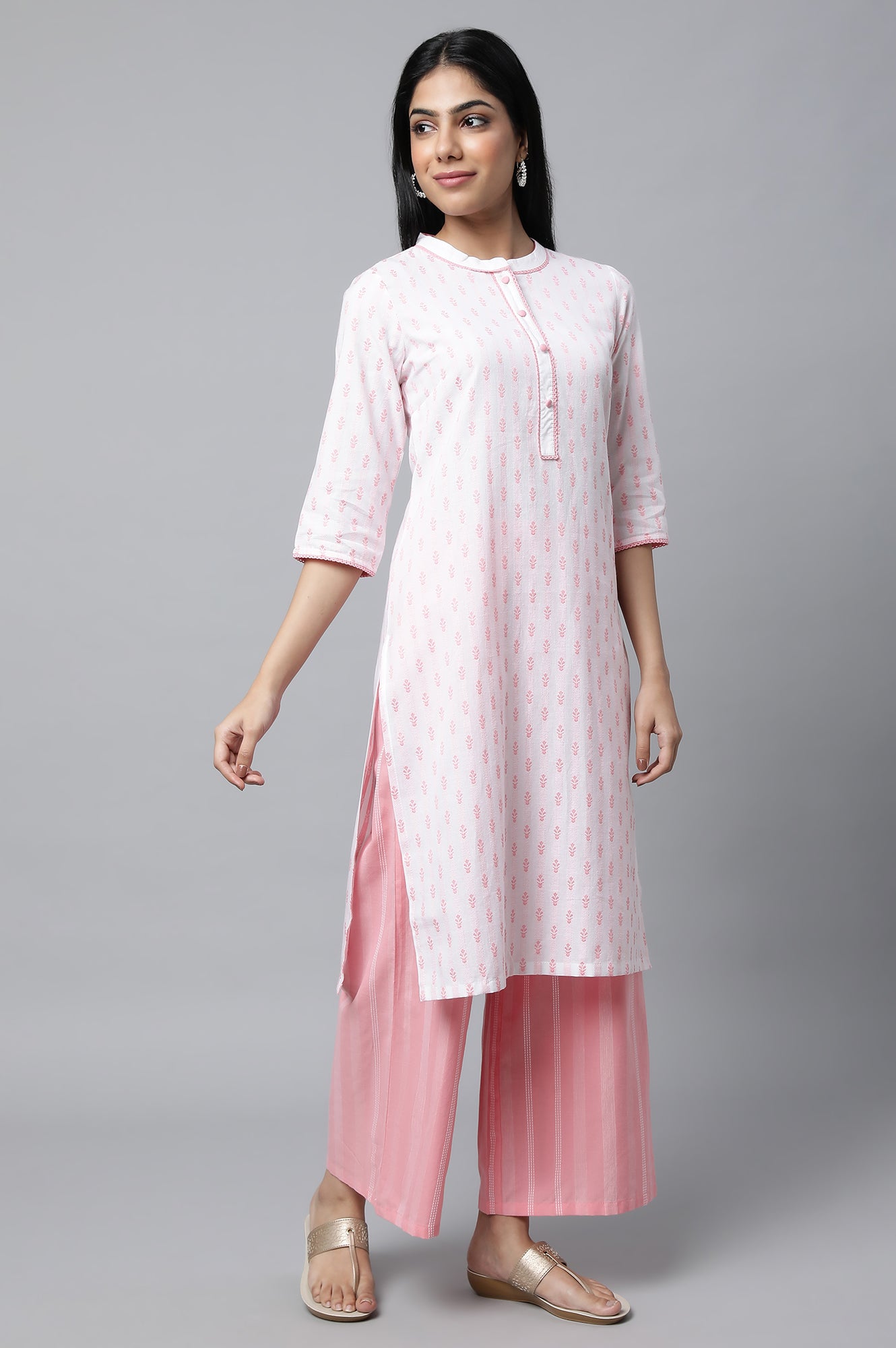 Pink Floral Print kurta In Band Collar