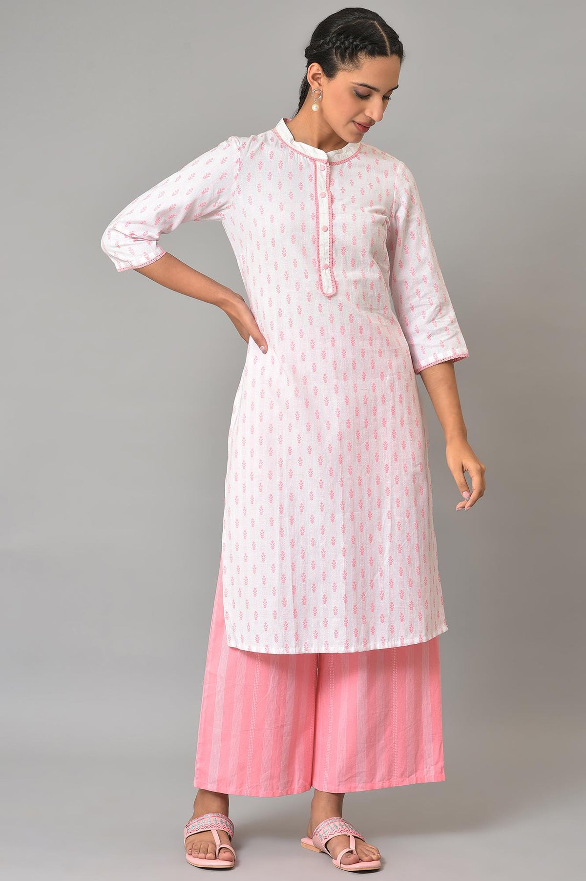 Light Pink Floral Dobby Kurta In Band Collar - XS