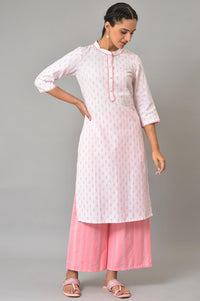 Light Pink Floral Dobby Kurta In Band Collar