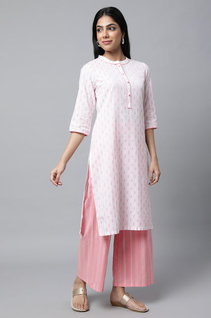 Pink Floral Print Plus Size kurta In Band Collar