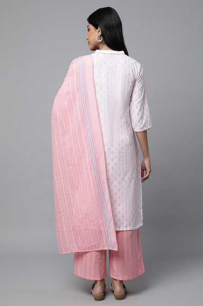 Pink Floral Print kurta In Band Collar