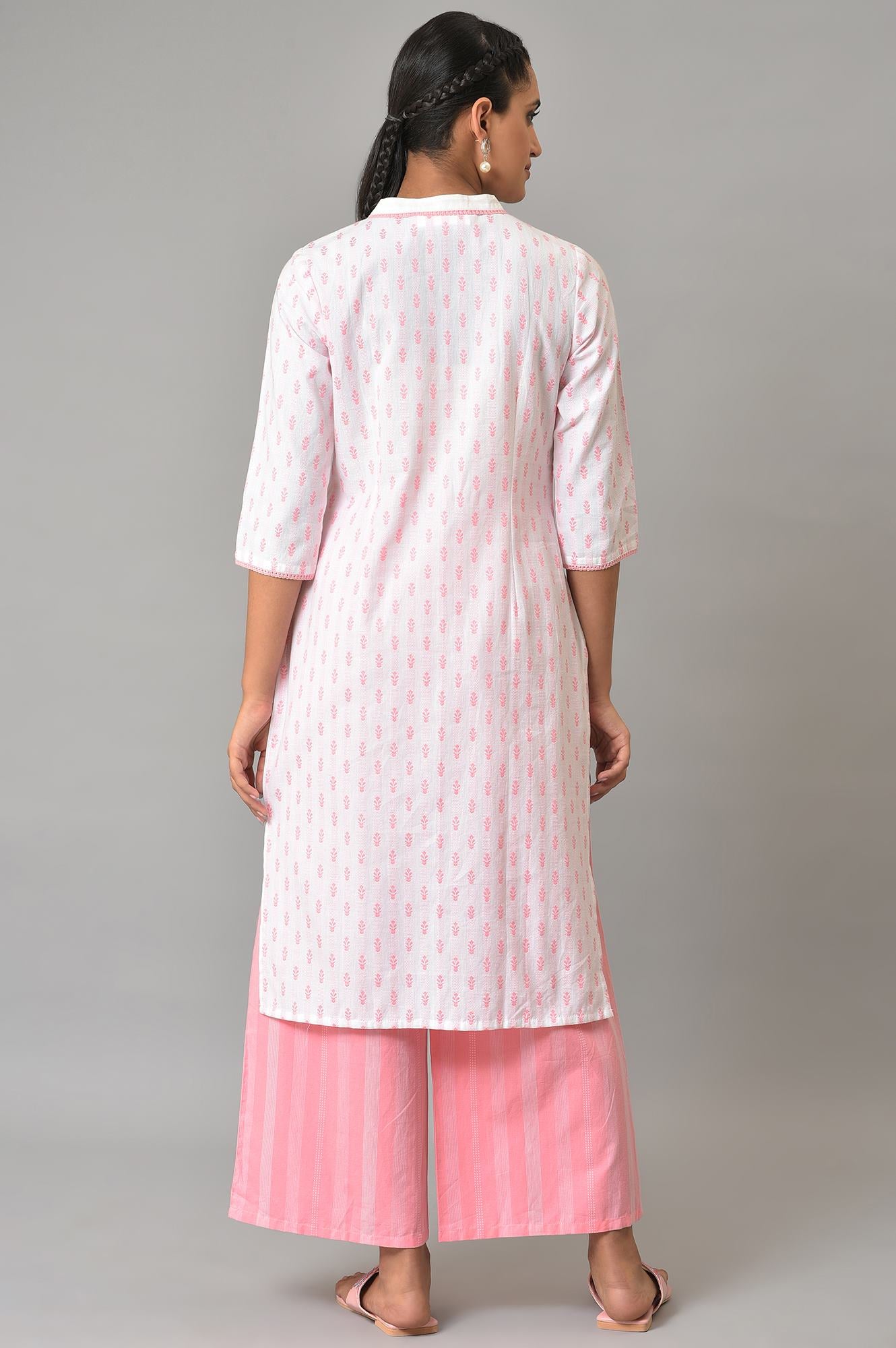 Light Pink Floral Dobby Kurta In Band Collar