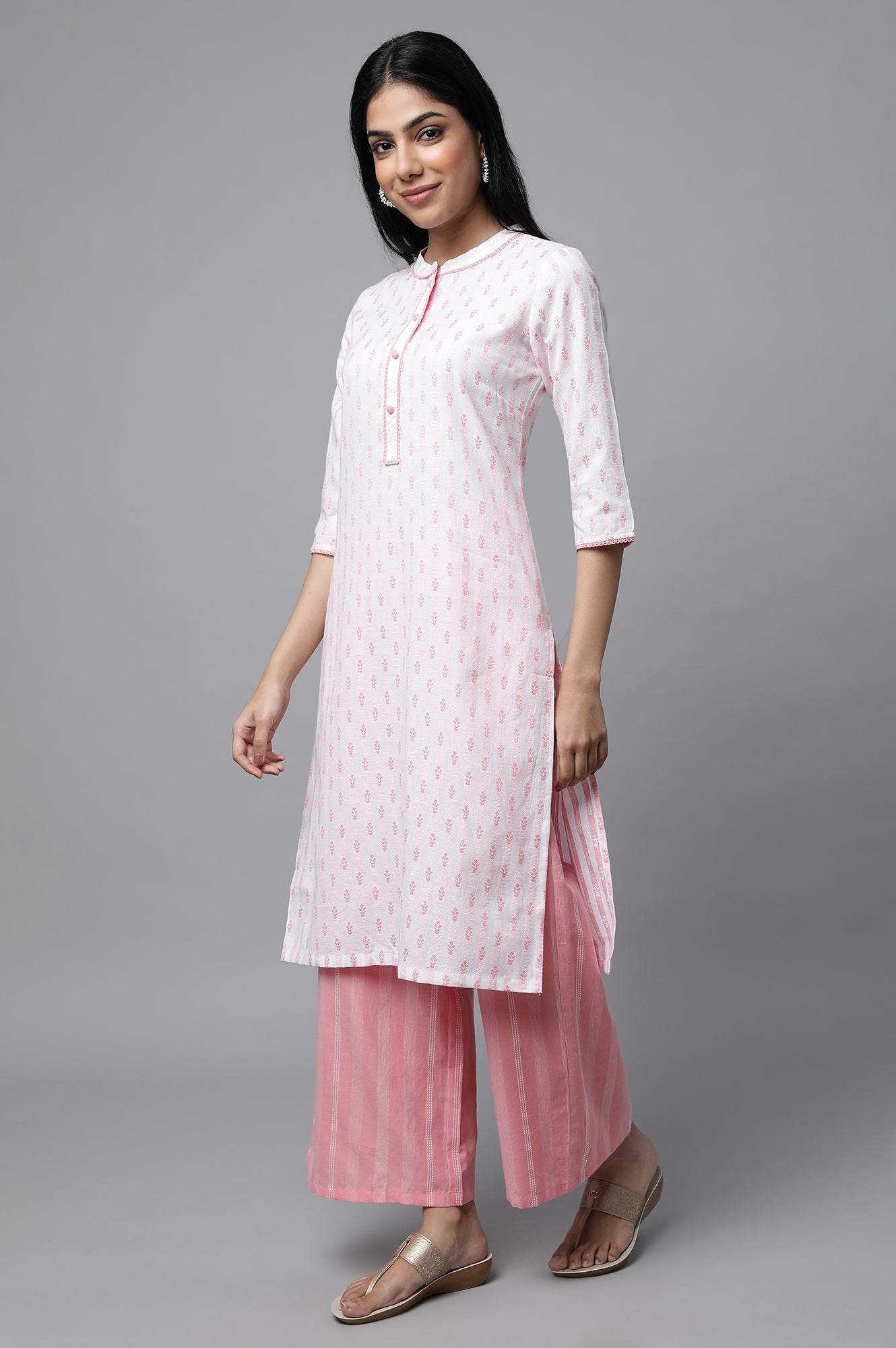 Pink Floral Print kurta In Band Collar