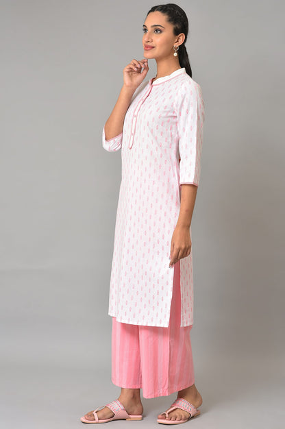 Light Pink Floral Dobby Kurta In Band Collar