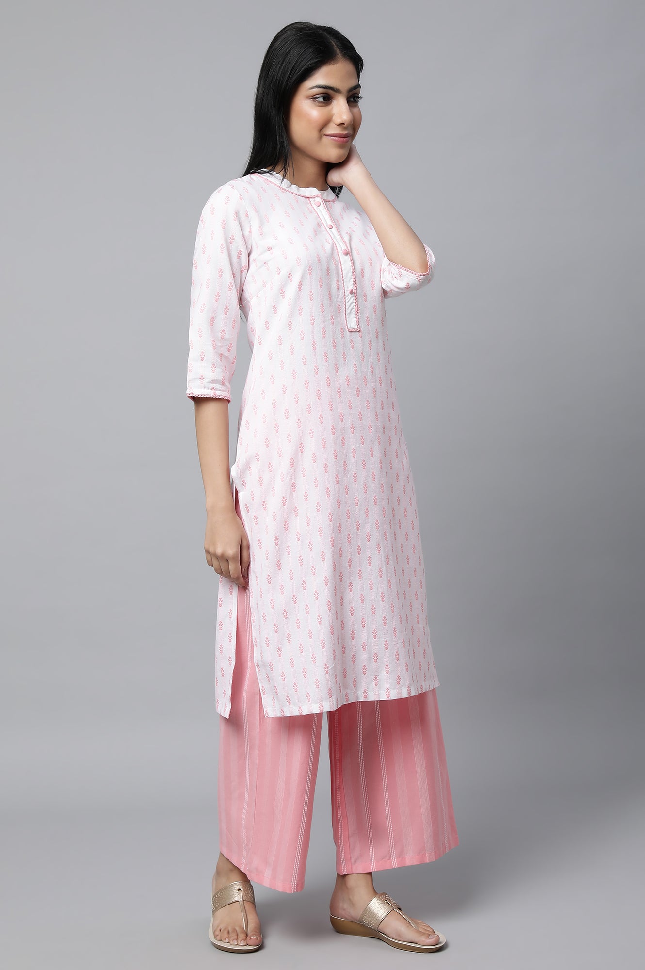 Pink Floral Print kurta In Band Collar