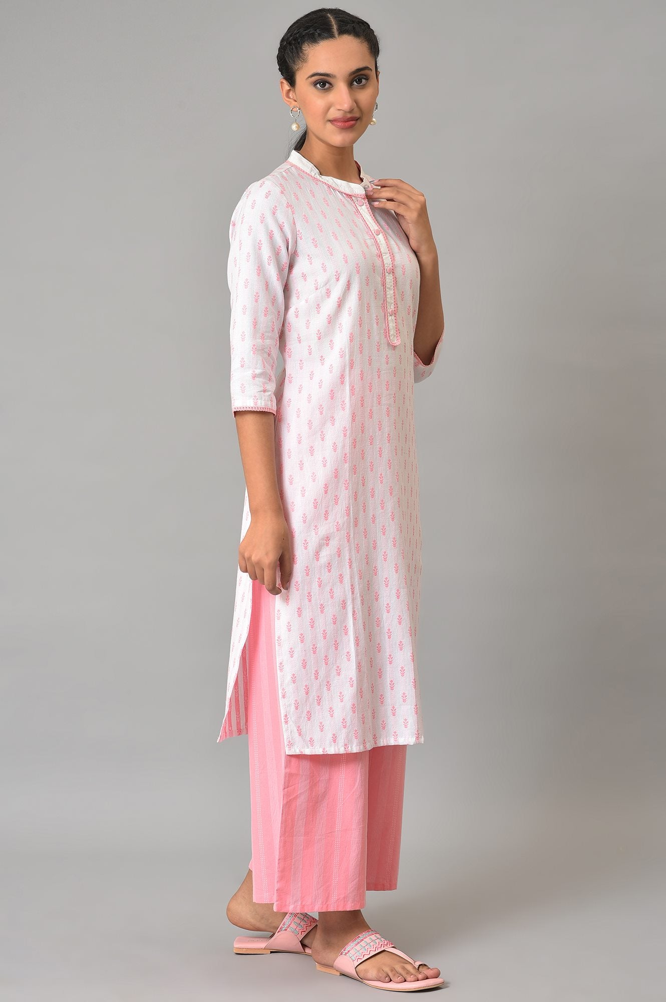 Light Pink Floral Dobby Kurta In Band Collar