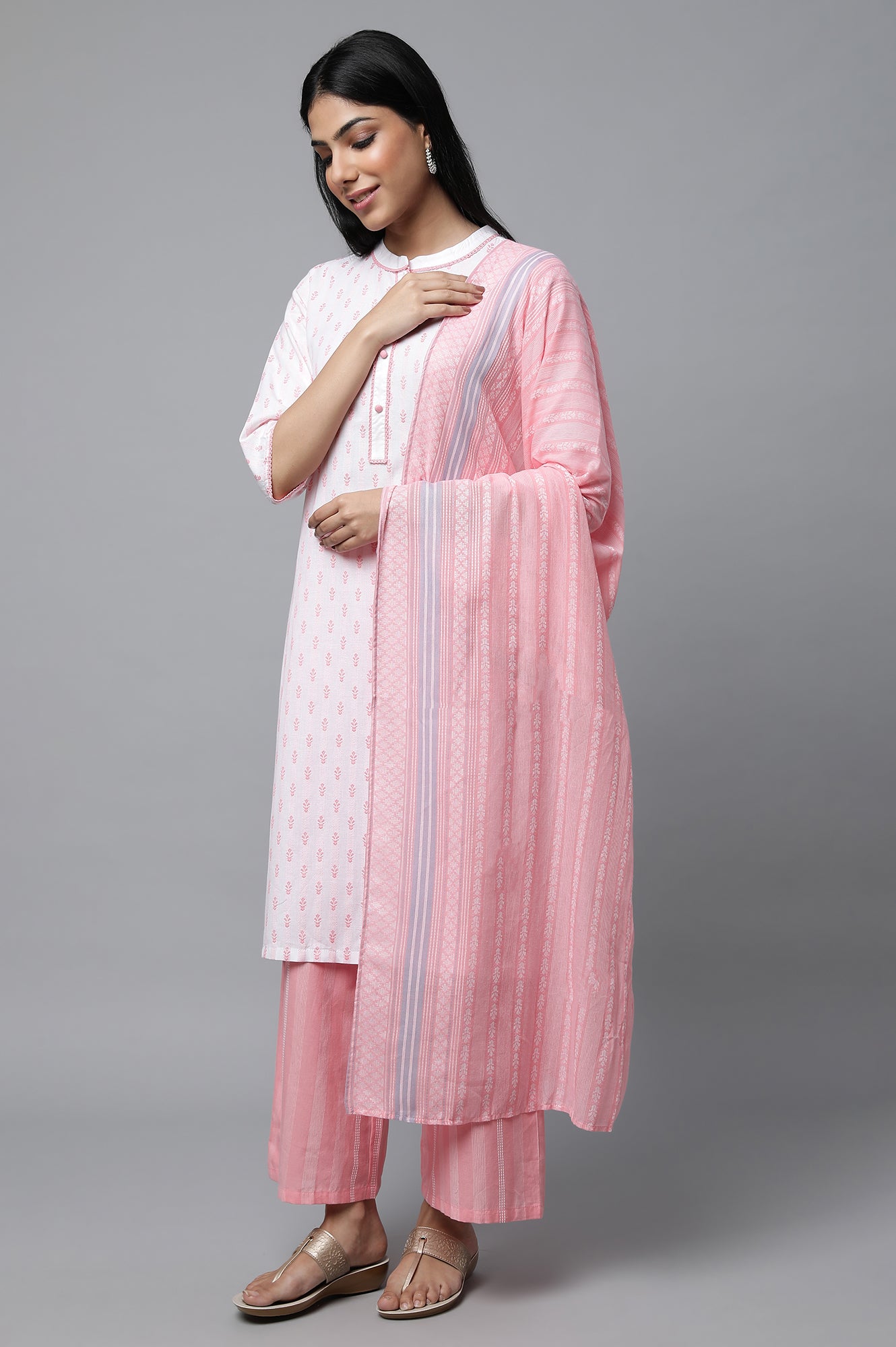 Pink Floral Print kurta In Band Collar