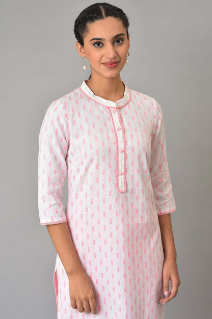 Light Pink Floral Dobby Kurta In Band Collar