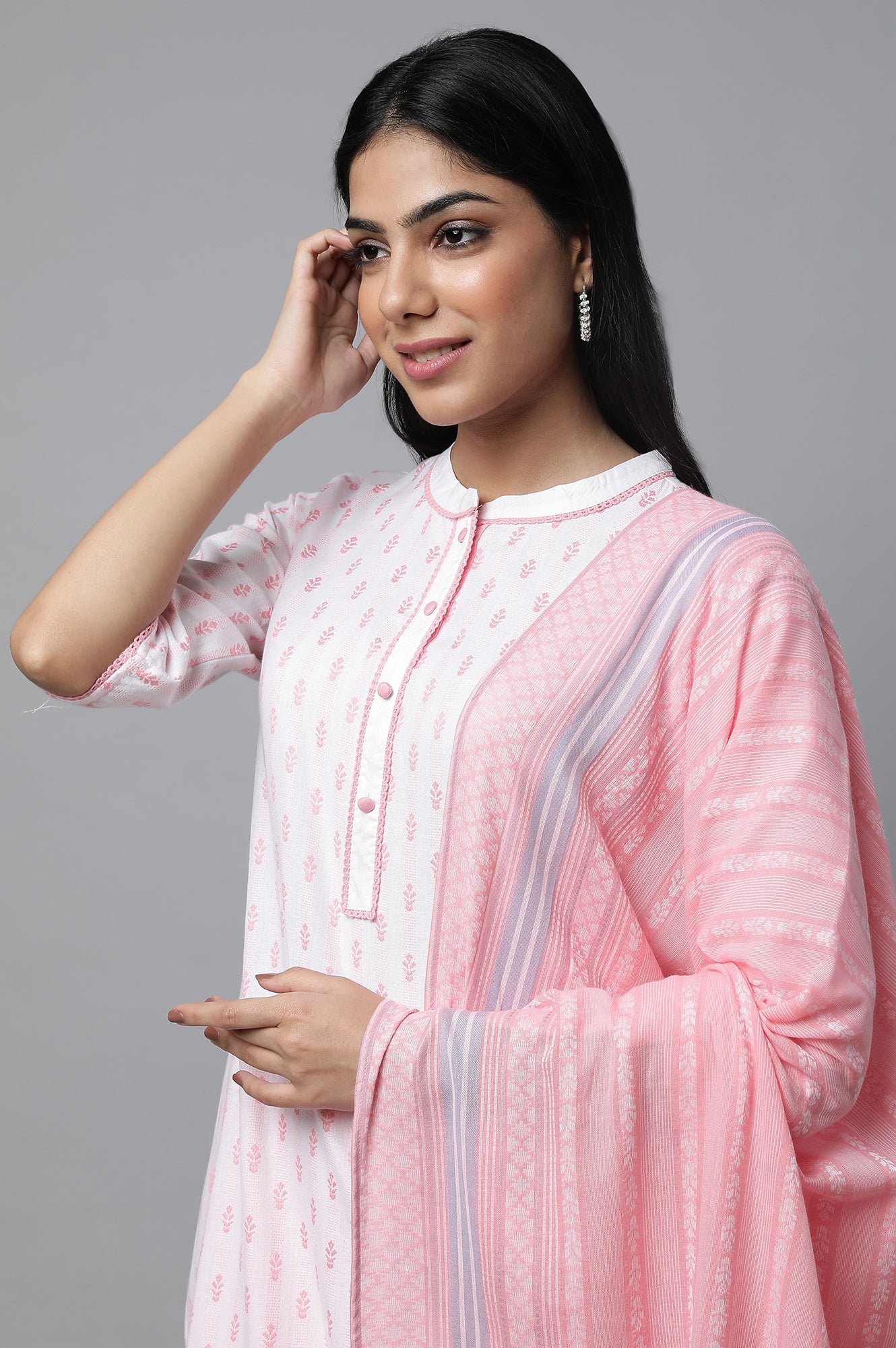 Pink Floral Print kurta In Band Collar