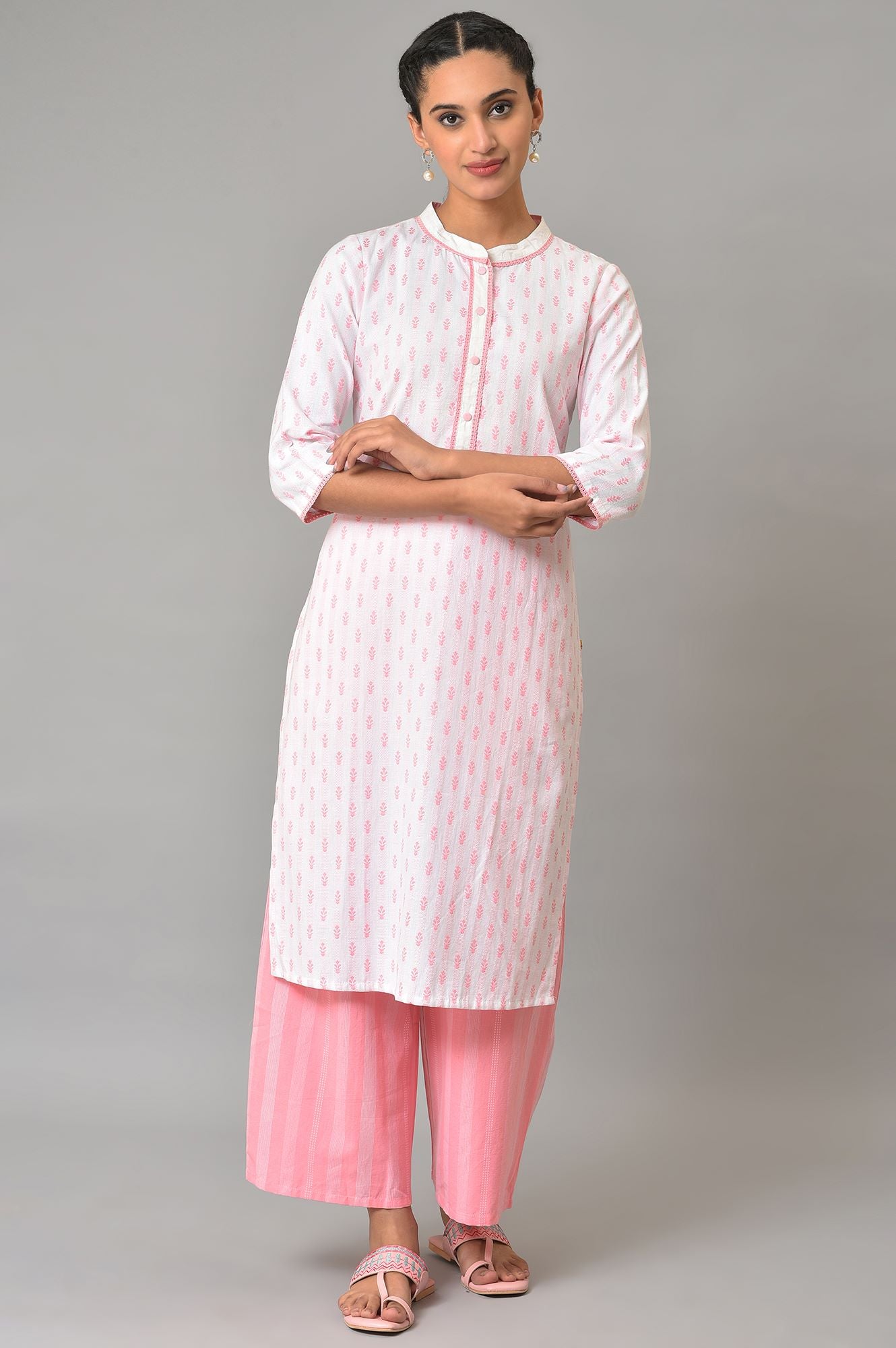 Light Pink Floral Dobby Kurta In Band Collar