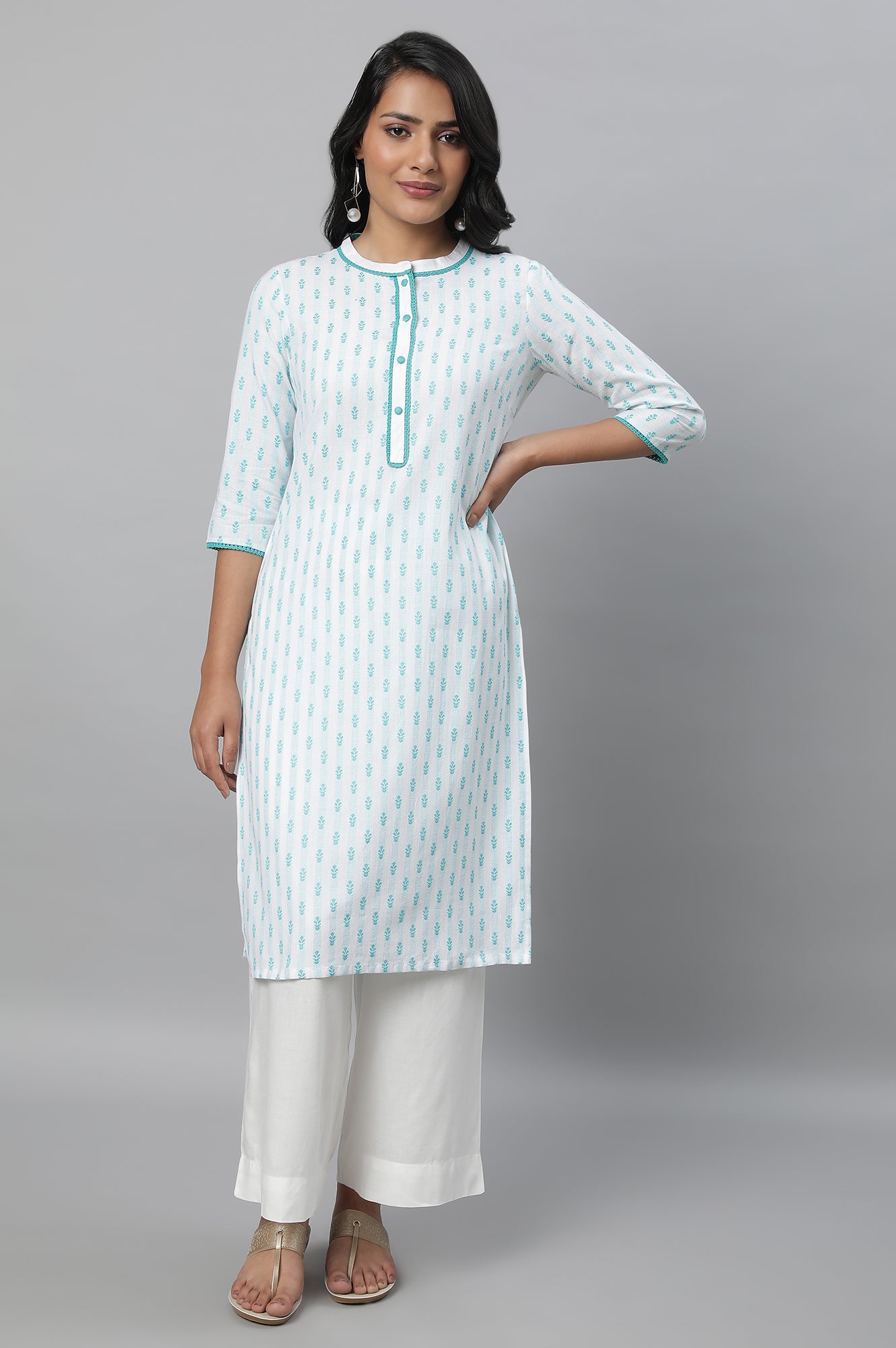 Blue Floral Dobby kurta In Band Collar