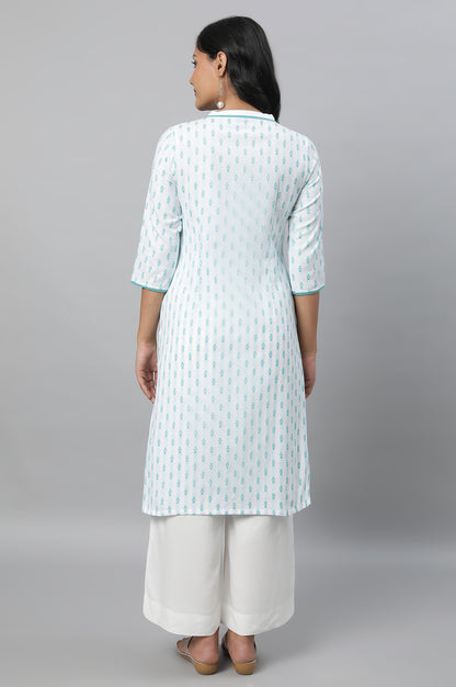 Blue Floral Print Plus Size kurta In Band Collar