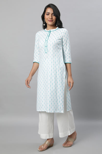 Blue Floral Print Plus Size kurta In Band Collar