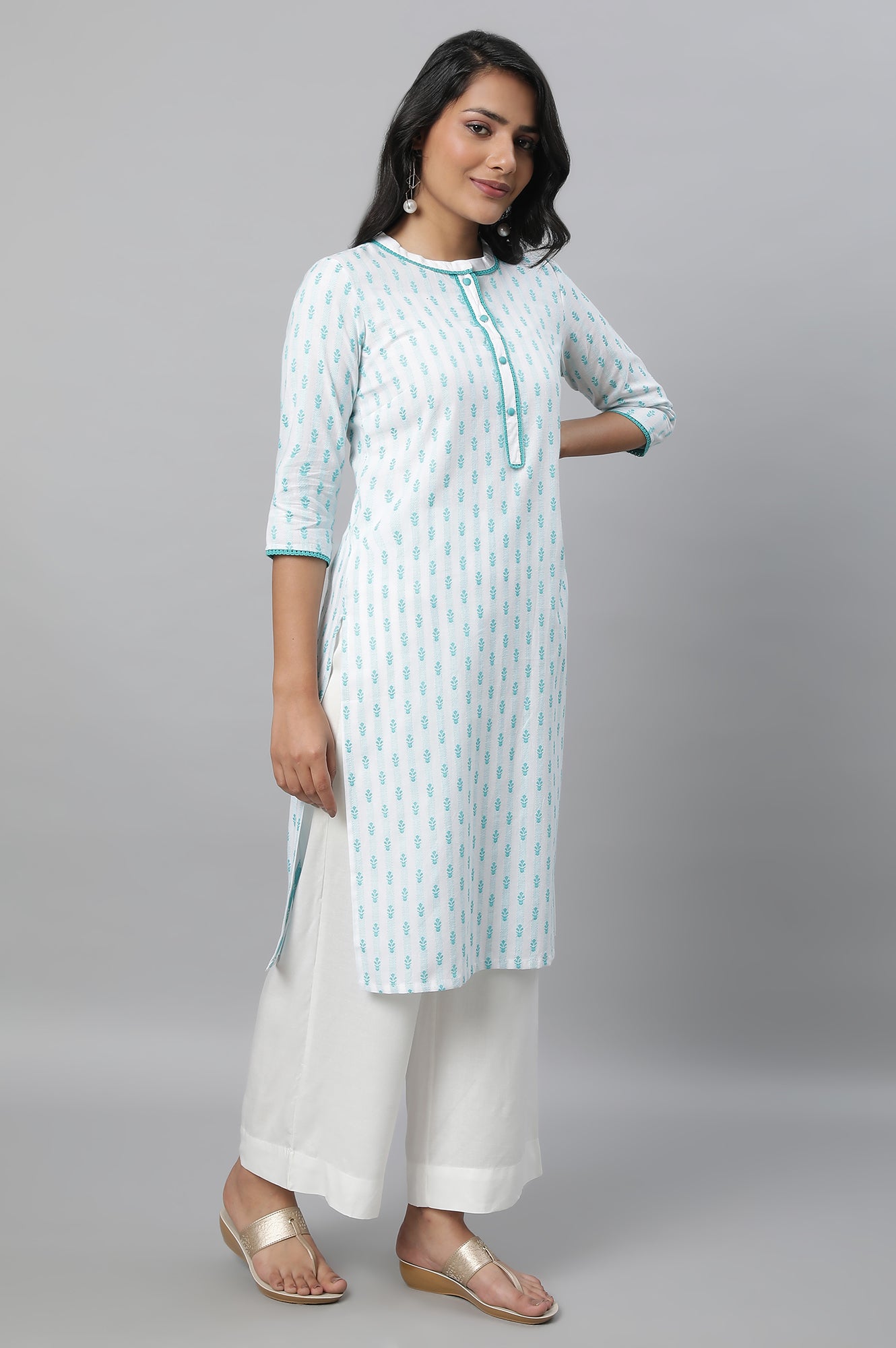 Blue Floral Print Plus Size kurta In Band Collar