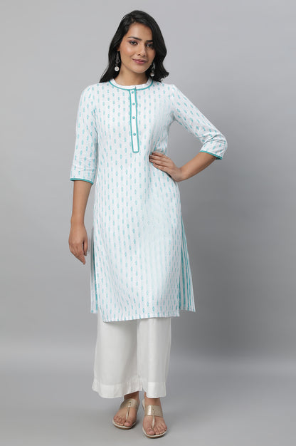 Blue Floral Dobby kurta In Band Collar