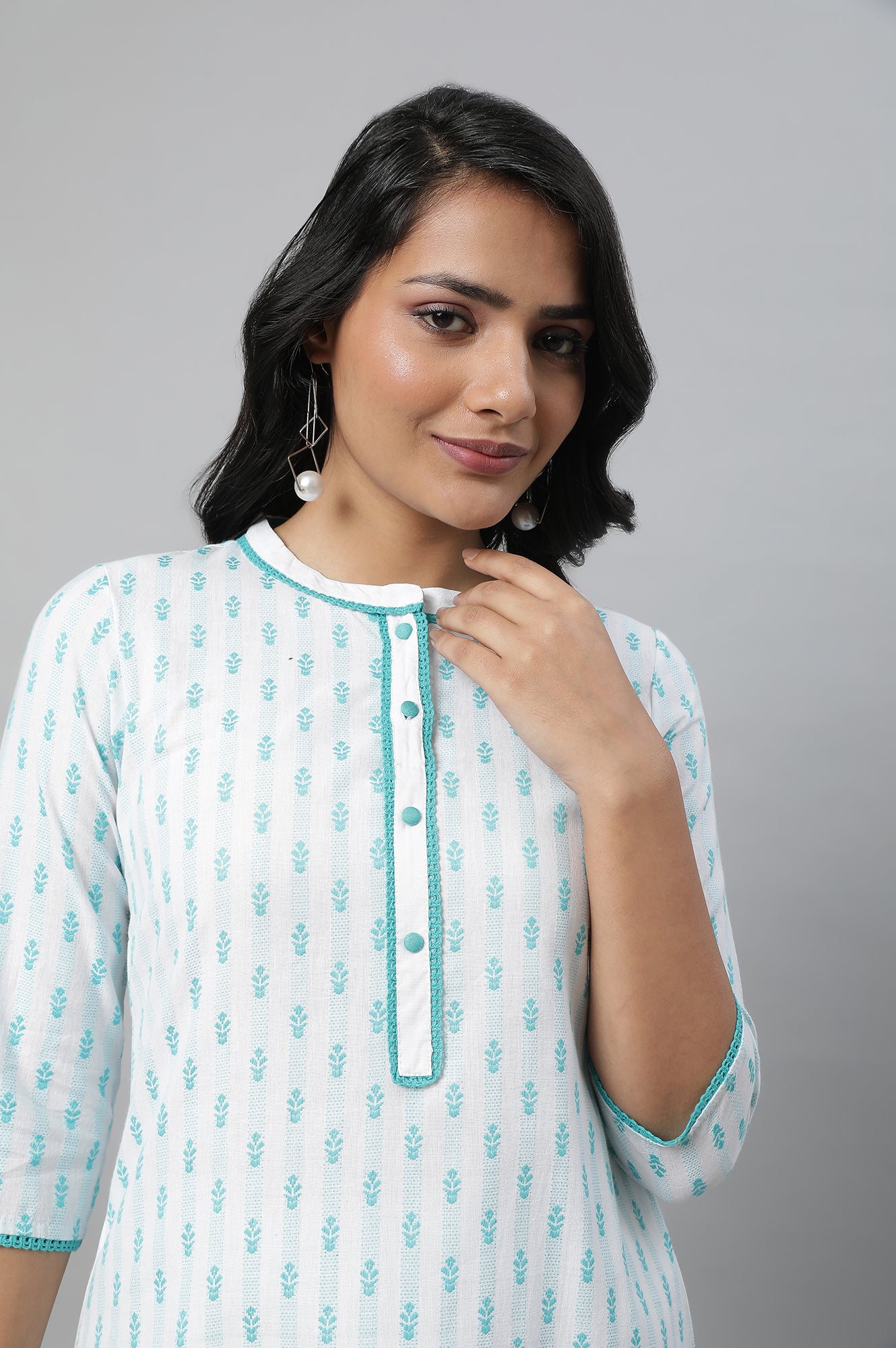 Blue Floral Dobby kurta In Band Collar