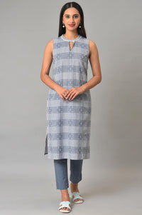 Blue Ghimgham And Dobby Sleeveless kurta