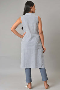 Blue Ghimgham And Dobby Sleeveless kurta