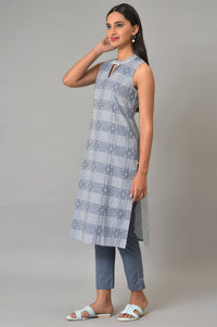 Blue Ghimgham And Dobby Sleeveless kurta