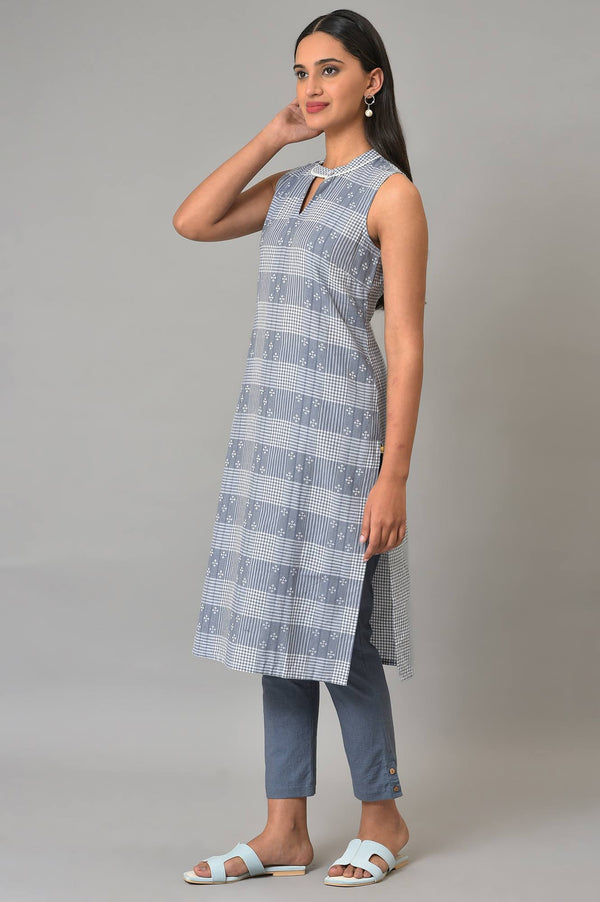 Blue Ghimgham And Dobby Sleeveless kurta