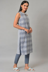 Blue Ghimgham And Dobby Sleeveless kurta
