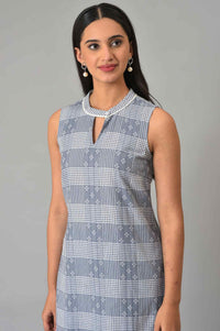 Blue Ghimgham And Dobby Sleeveless kurta