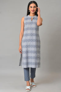 Blue Ghimgham And Dobby Sleeveless kurta