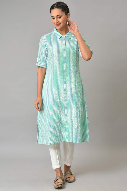 Green A-Line Shirt Collar Kurta