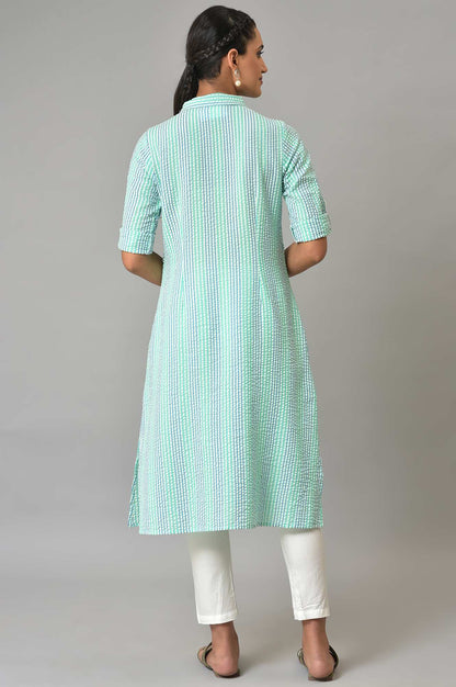 Green A-Line Shirt Collar Kurta