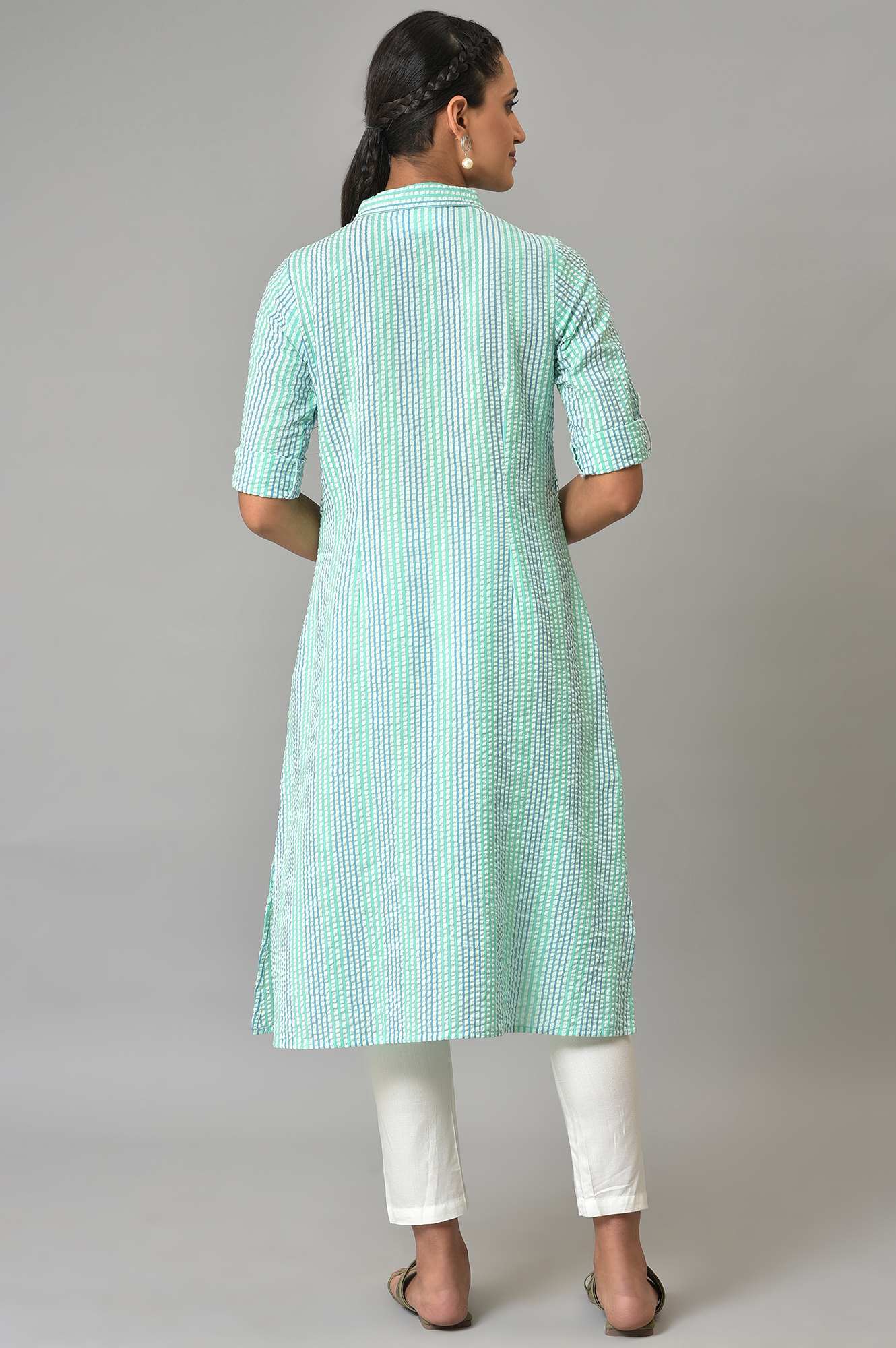 Green Striped A-Line Cotton Kurta